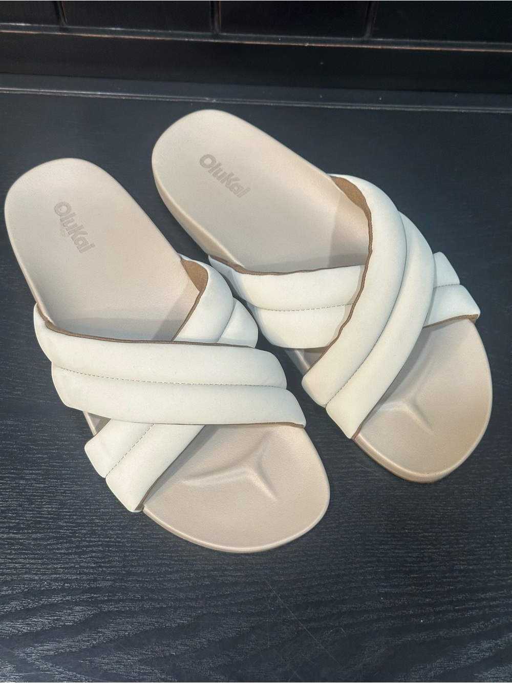 OluKai Women's Cream Quilted Cross-Band Slide Sandals